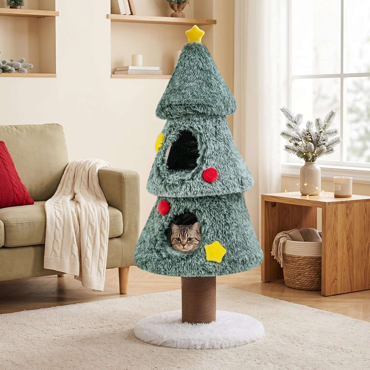 Christmas cat tree with two condo openings, a scratching post, and round plush base