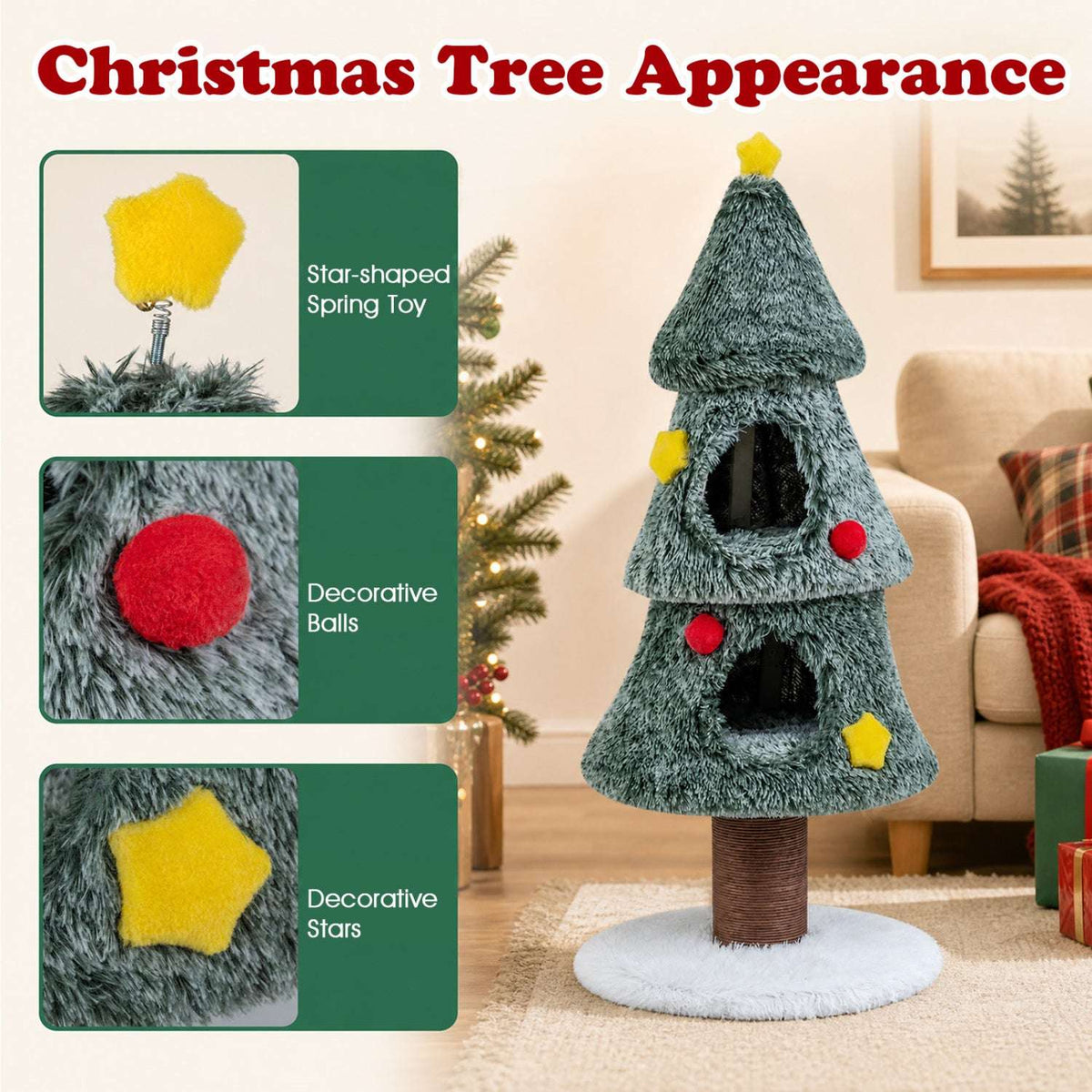 Christmas cat tree with two condos, star toys, decorative balls, and a scratching post