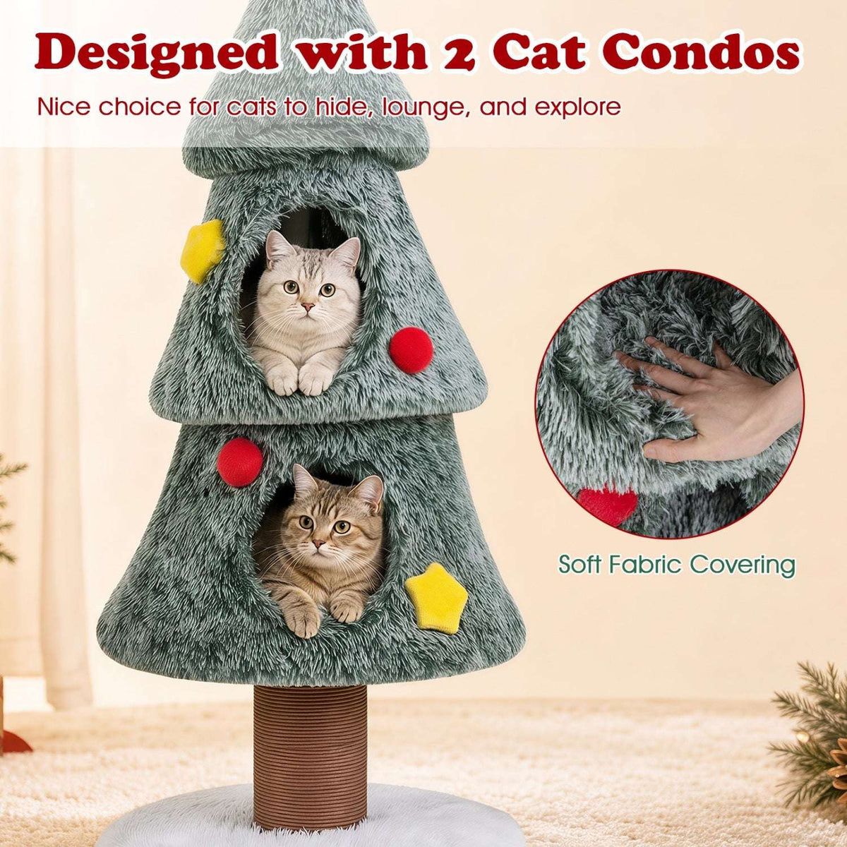 Christmas cat tree with two condos and soft fabric covering over a scratching post