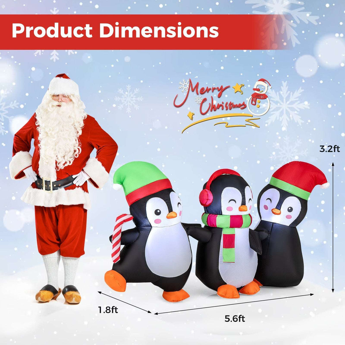 Inflatable Christmas penguin family, shown with dimensions of 5.6 by 3.2 feet