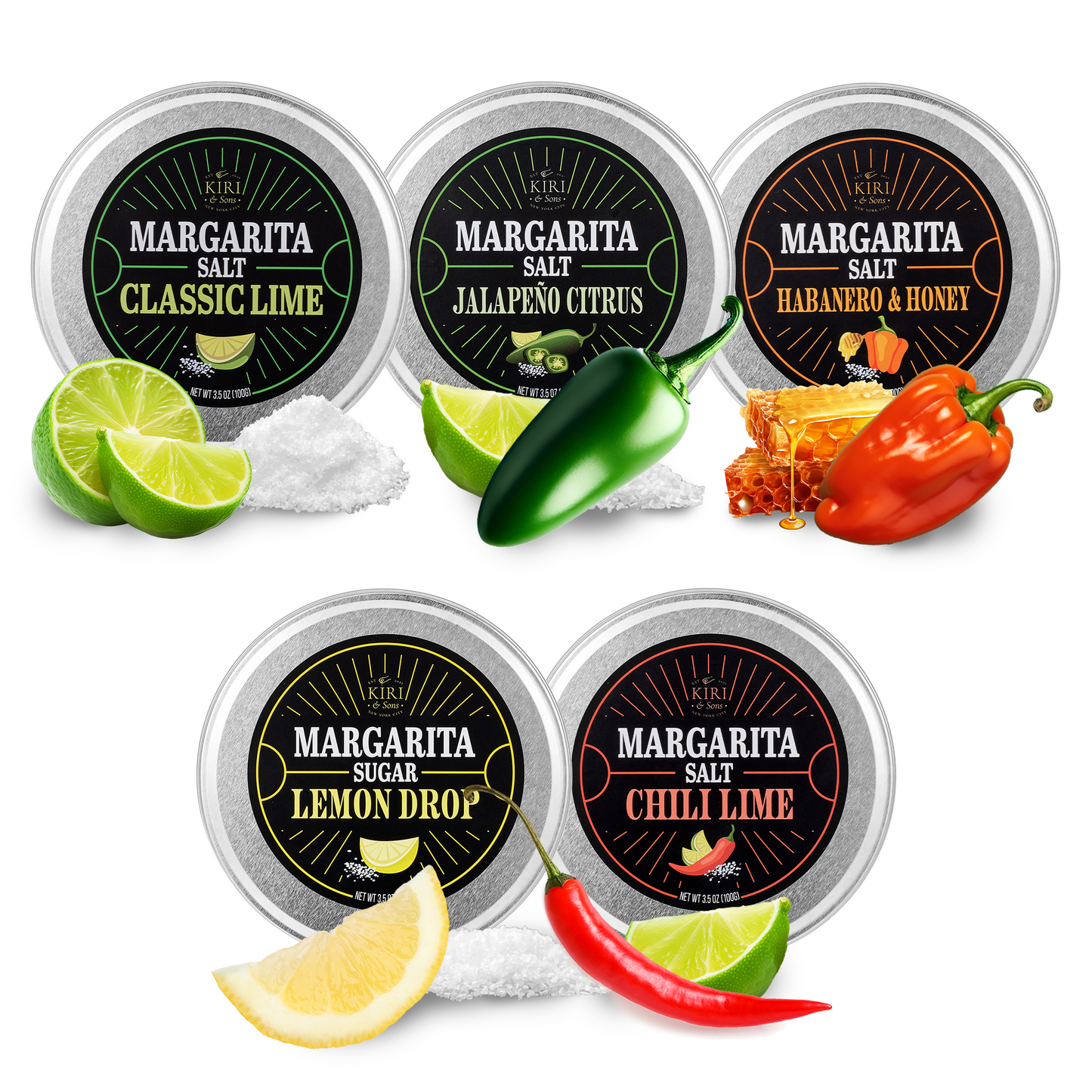 Margarita Salt Rim Variety Set – 5 Flavors, 3.5 oz Each | Chili Lime, Lemon Drop, Classic Lime, Habanero Honey & Jalapeño Citrus