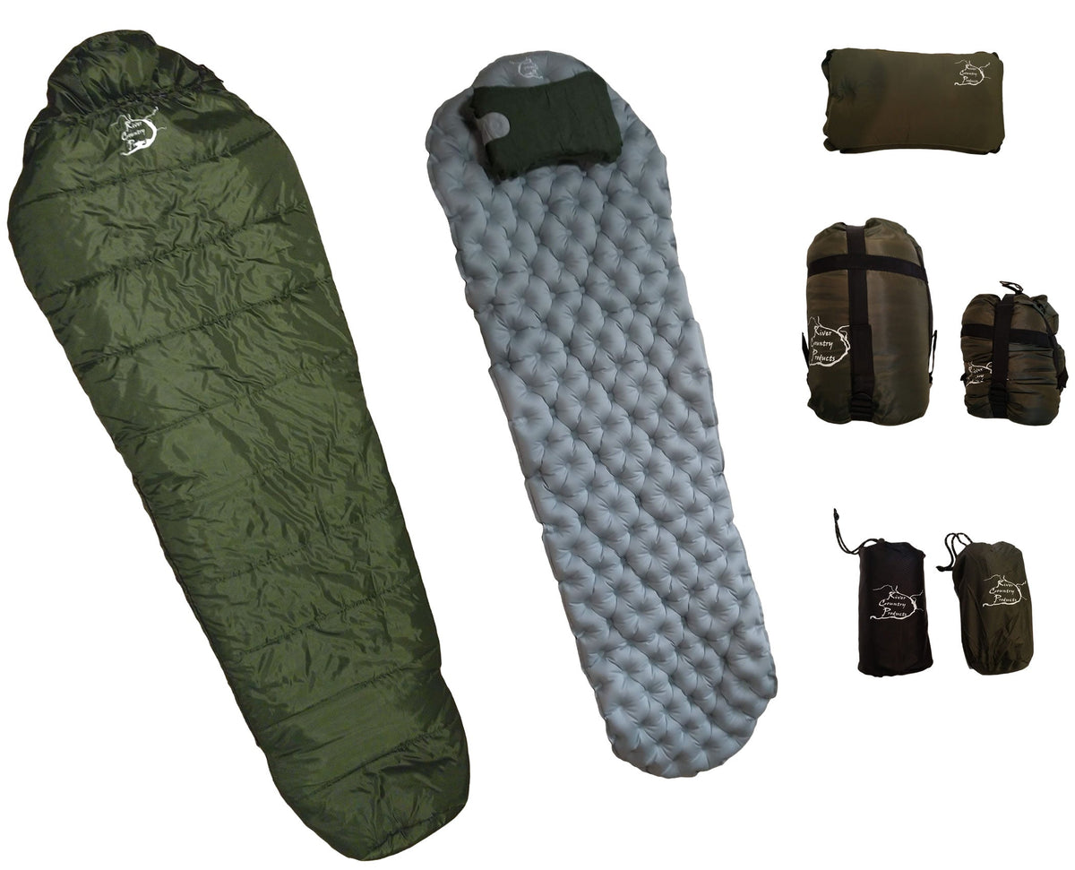 River Country Gear Sleeping Bag, Pad & Pillow Combo Set – R-4.5 Insulated Pad, 40°F Rated Bag