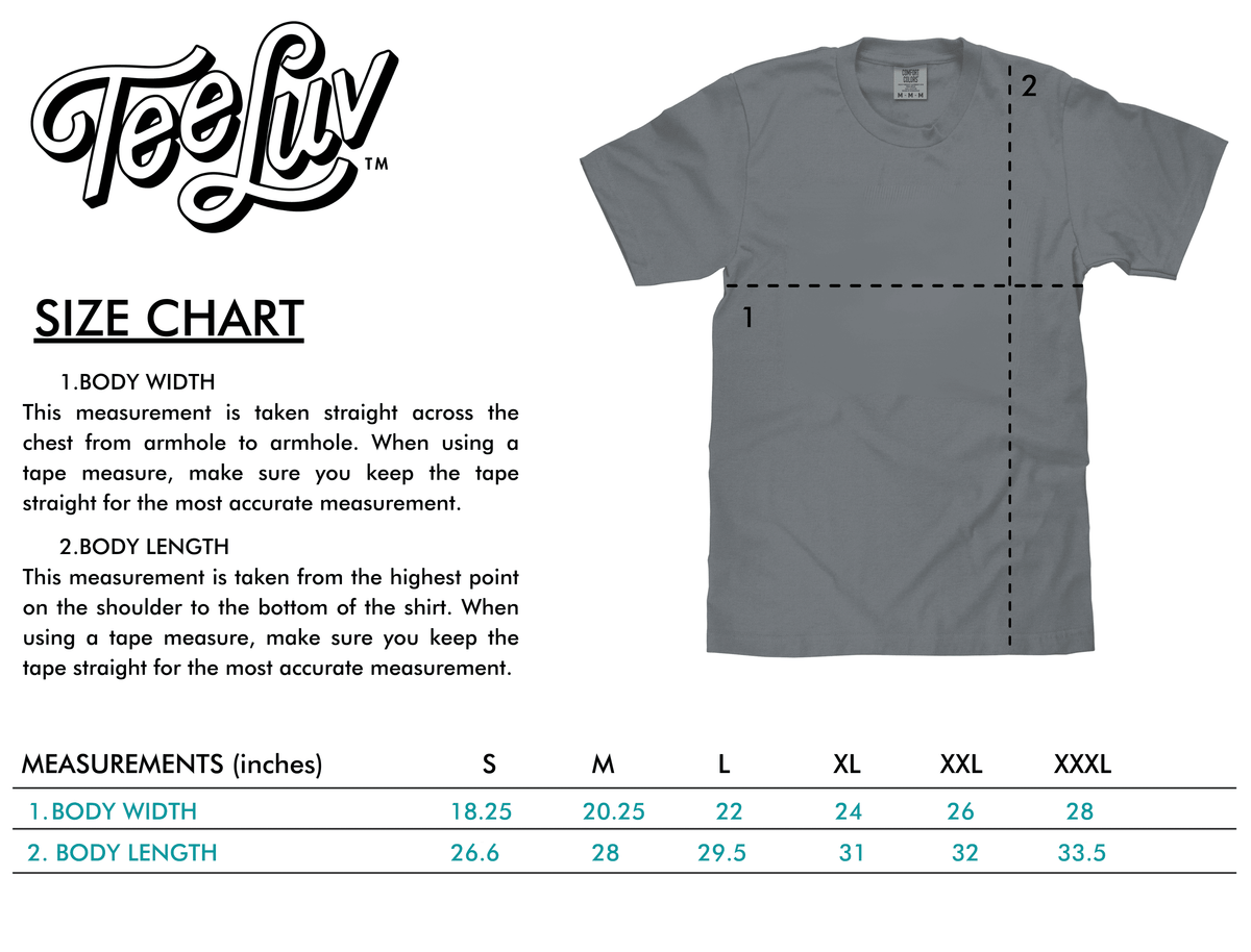 Tee Luv T-shirt size chart with body width and body length measurements