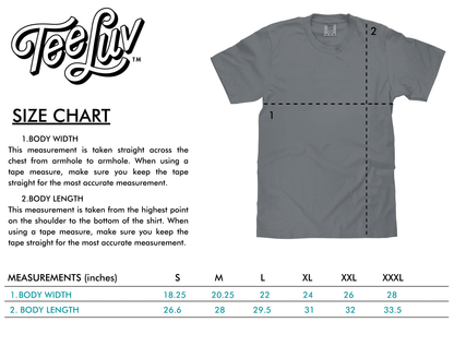 Tee Luv T-shirt size chart with body width and body length measurements