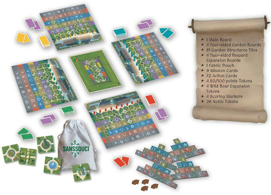 Board game components layout: game boards, cards, tokens, dice, and bag