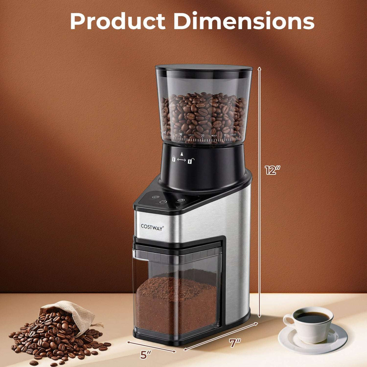 COSTWAY coffee grinder with beans and grounds, shown with 12-inch height and 5 by 7-inch base