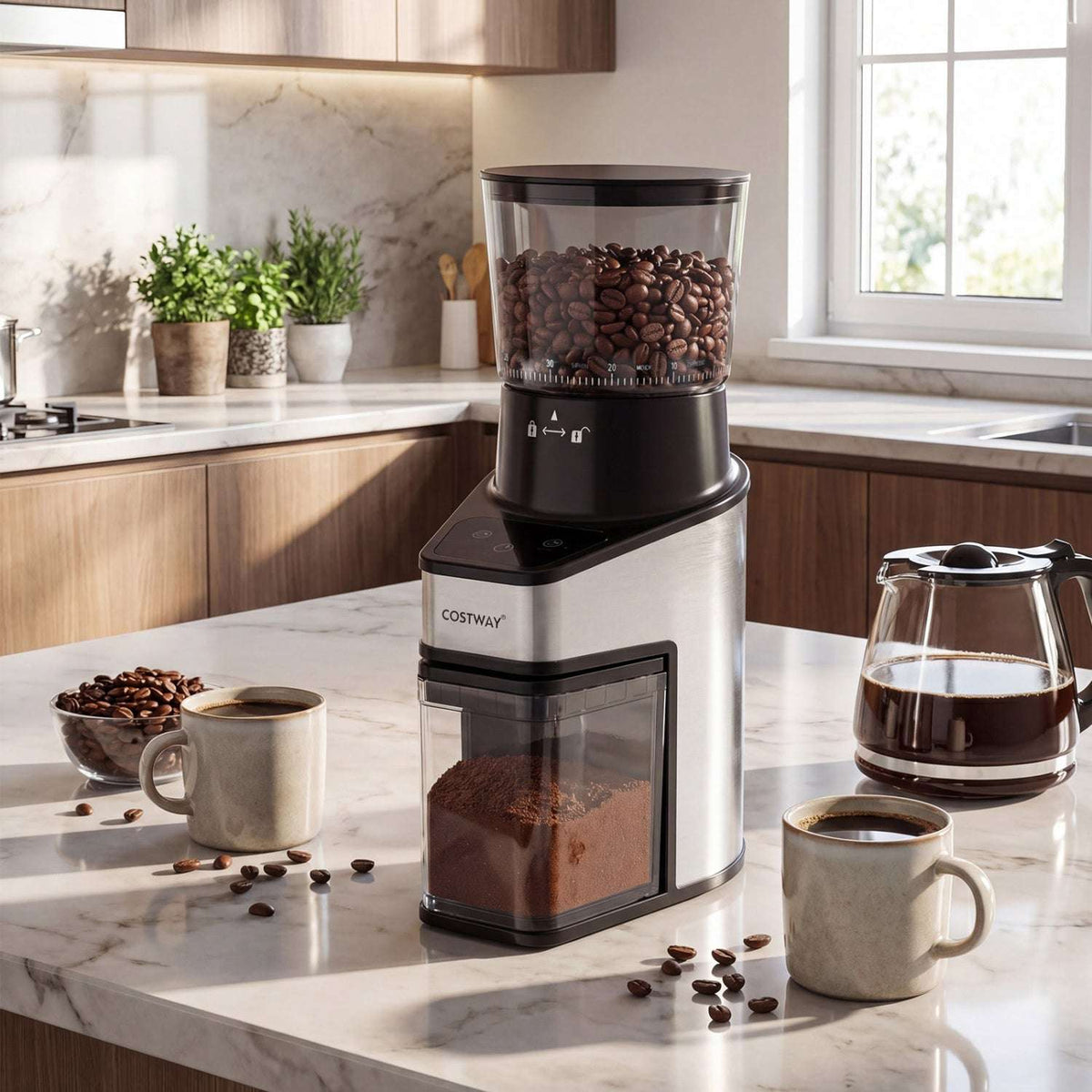 Silver COSTWAY coffee grinder with clear bean hopper and grounds bin