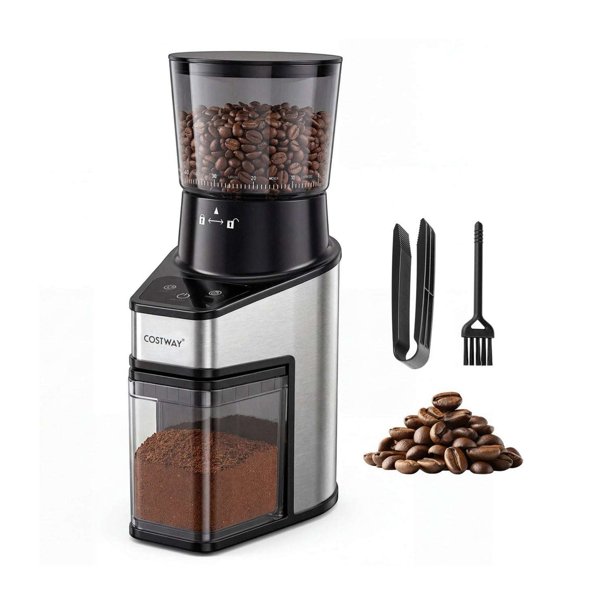 Silver and black COSTWAY conical burr coffee grinder with bean hopper, grounds bin, scoop and brush