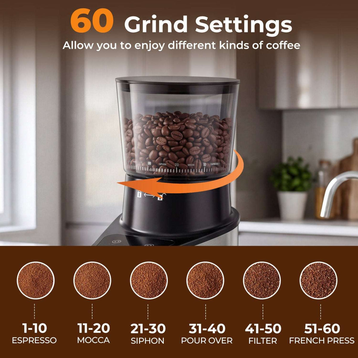Coffee grinder bean hopper with adjustable 60 grind settings from fine to coarse