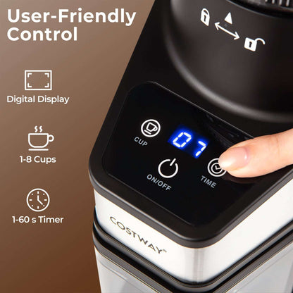 Coffee grinder digital control panel with cup settings, timer and illuminated display