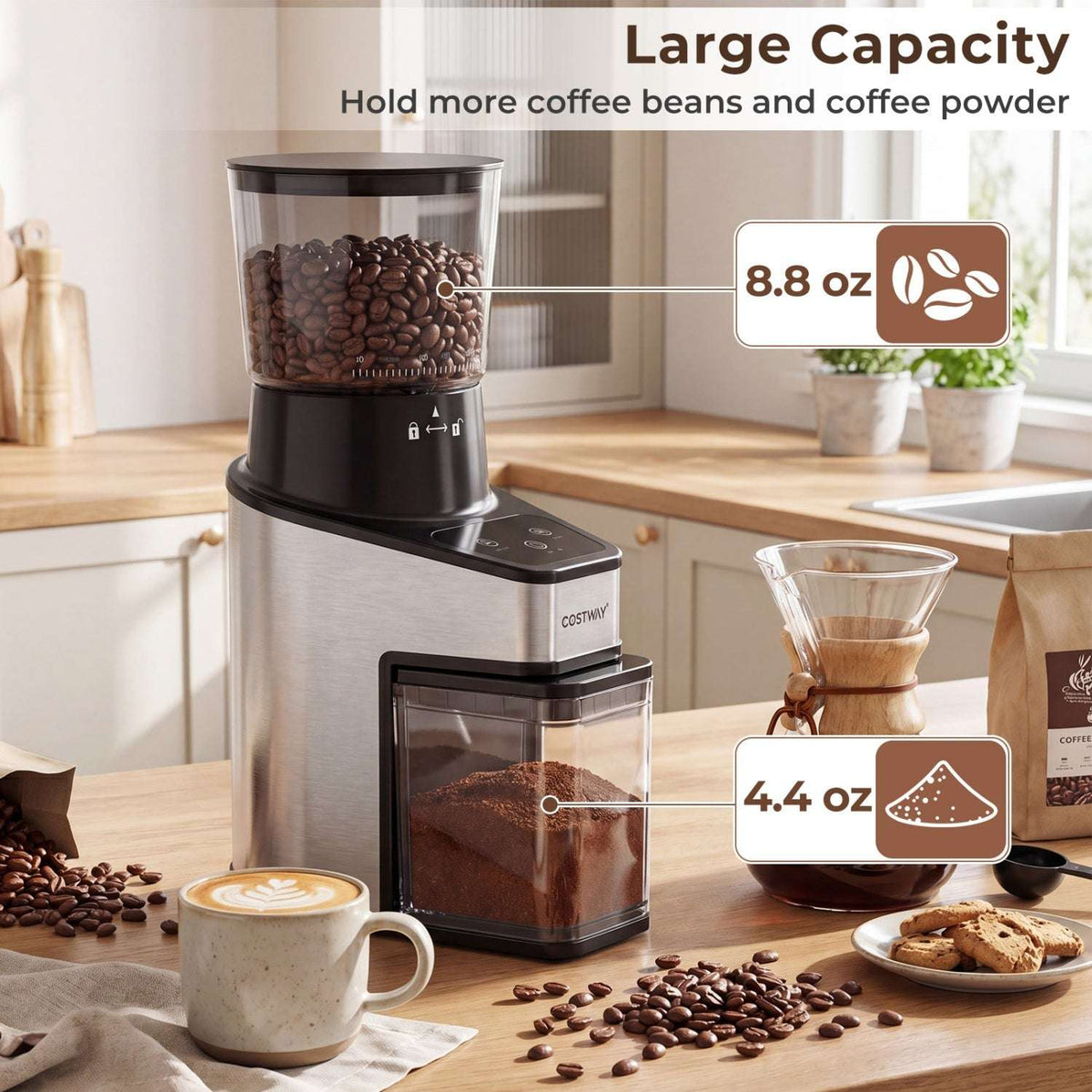 Coffee grinder with 8.8-ounce bean hopper and 4.4-ounce grounds container