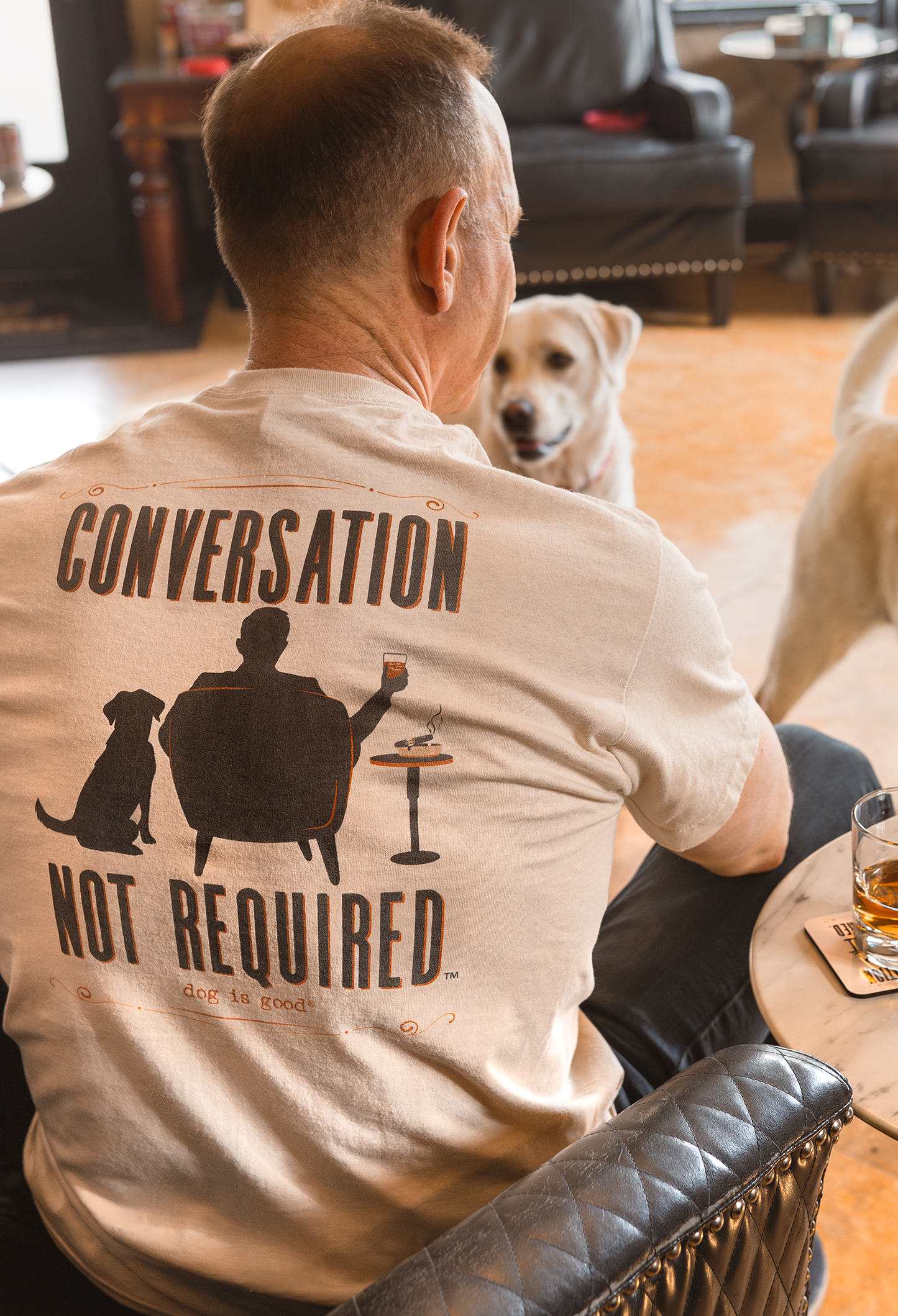 Dog is Good — Conversation Not Required T-Shirt | Tan | Front & Back Graphic | 100% Cotton | S–3XL