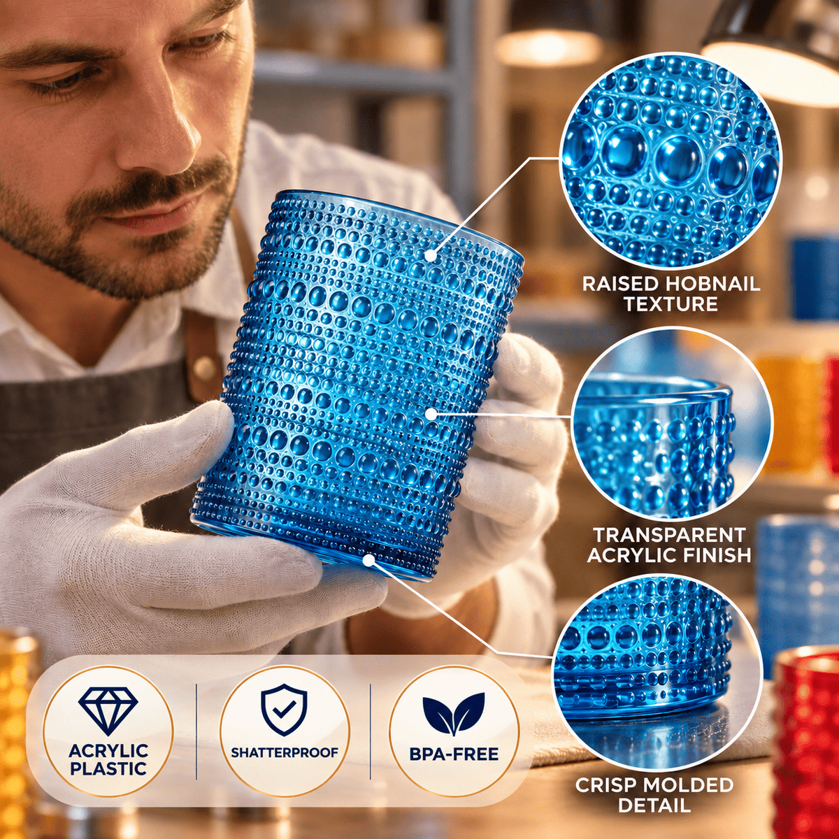 Blue hobnail acrylic lowball glass with raised dot texture and transparent finish
