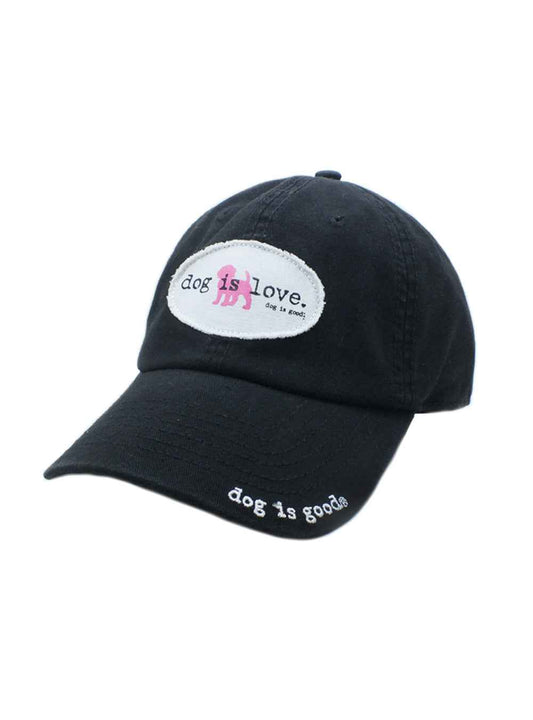 Low profile dark cotton dog-themed cap with oval “dog is love” patch and brim text