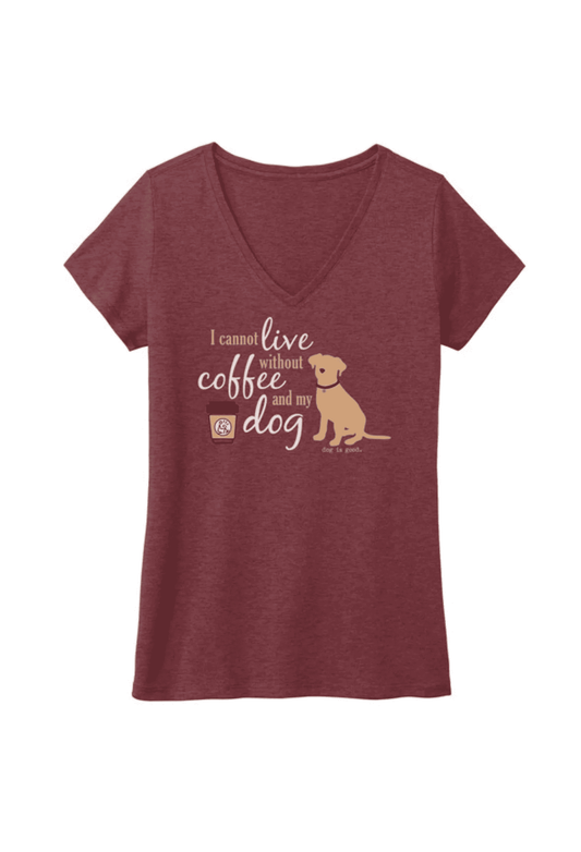 Women's maroon V-neck T-shirt with coffee and dog graphic