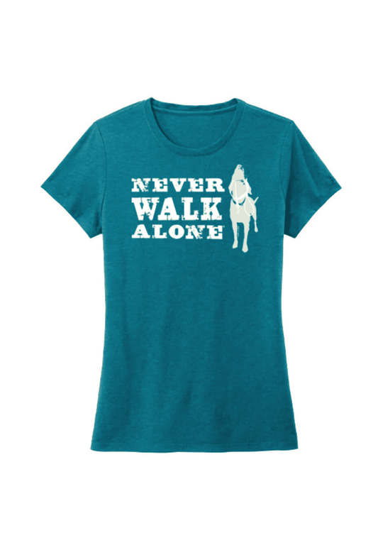 Women’s teal T-shirt with front graphic and text “Never Walk Alone”.
