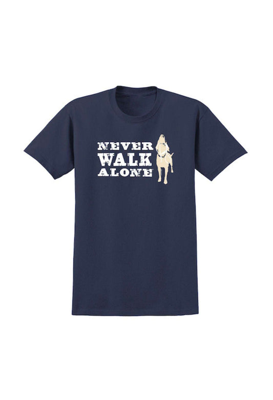 Navy unisex T-shirt with "Never Walk Alone" graphic on front