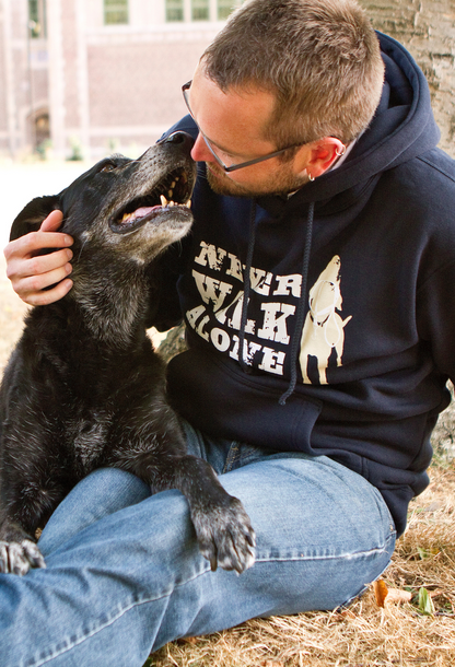 Dog is Good — Never Walk Alone Hoodie | Navy | Front & Back Graphic | 70/30 Cotton-Poly | S–2XL