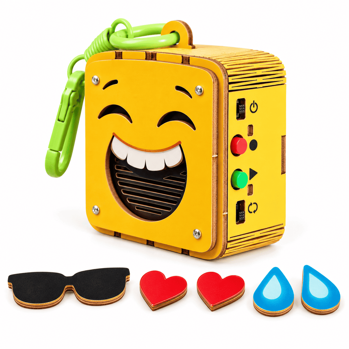 Emoji voice recorder with face module and accessory pieces: glasses, hearts, and blue water drops