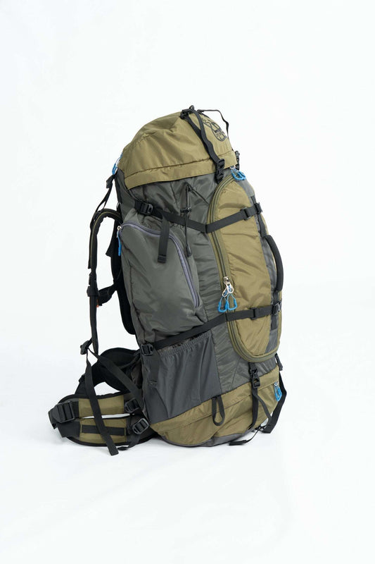 Olive and gray hiking backpack side view with padded straps and frame
