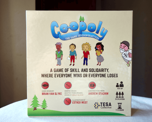 Co-opoly board game box with character illustration and title graphics