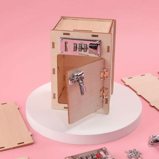 Wooden lock box kit with door open, exposed metal lever lock and numbered dial
