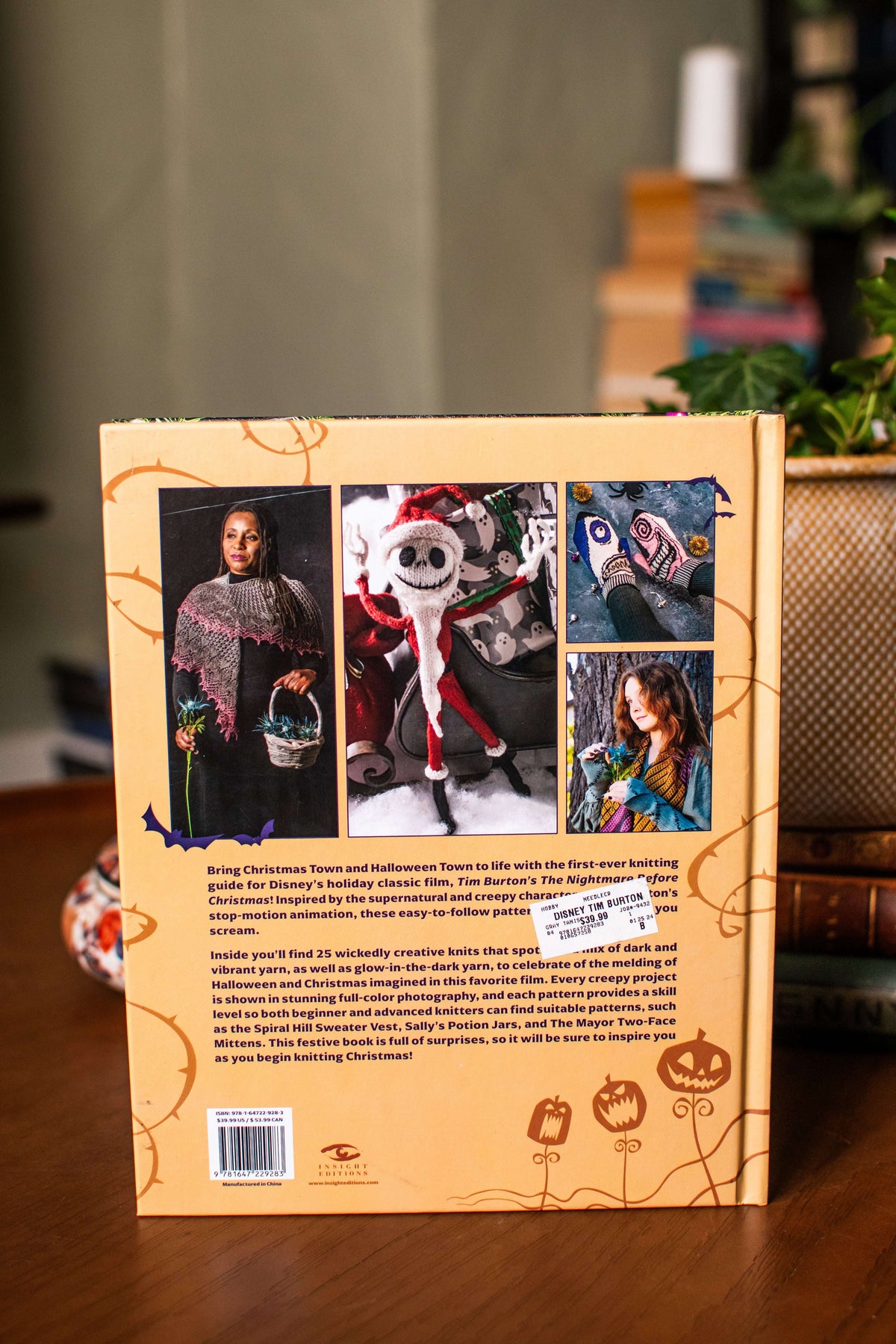 Knitting guide back cover with project photos, description, and barcode