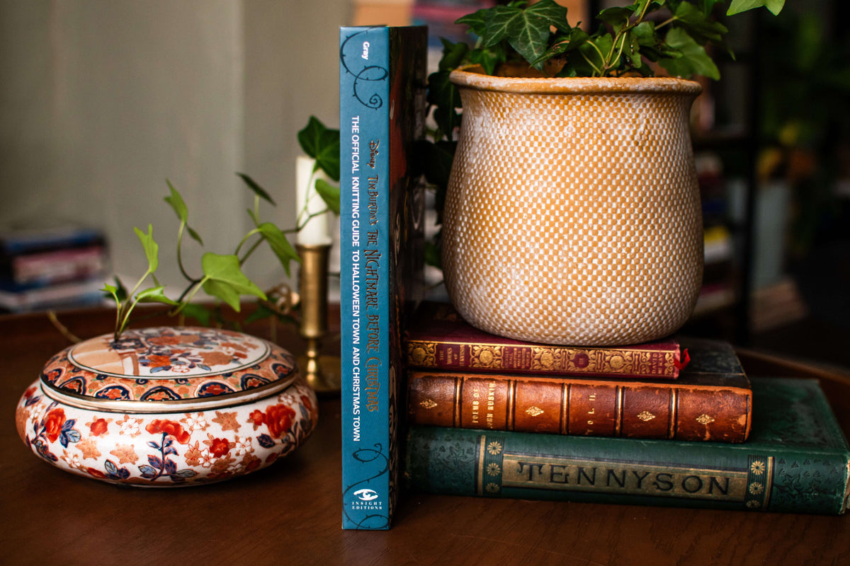 The Nightmare Before Christmas knitting guide standing upright, showing its blue spine