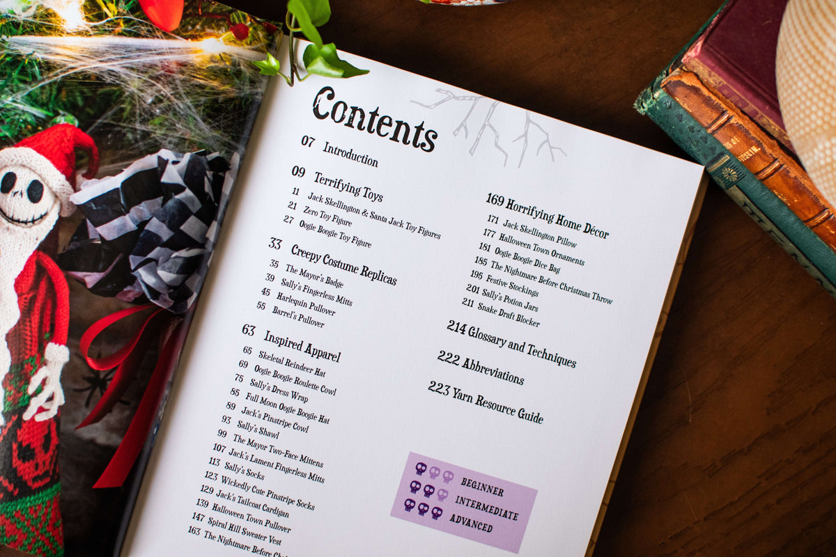 Knitting guide open to its contents page, with a knitted Jack Skellington beside it