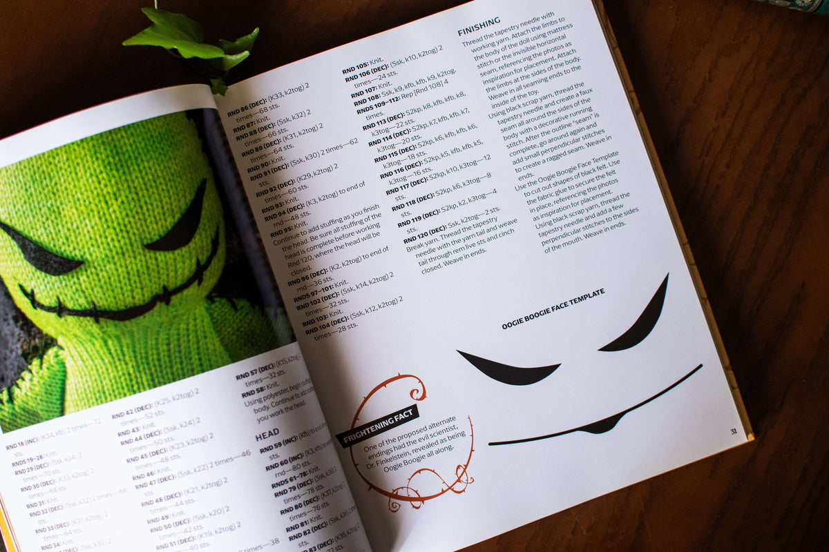 Open knitting guide with a green knitted face project and a facial features template