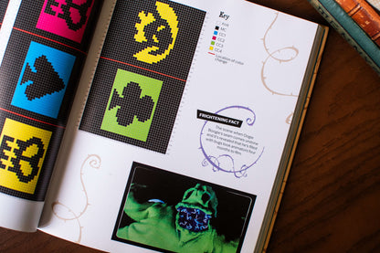 Open knitting guide showing pixel charts, a color key, and a knitted mask photo