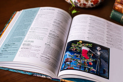 Open knitting guide with project instructions and a Jack Skellington illustration