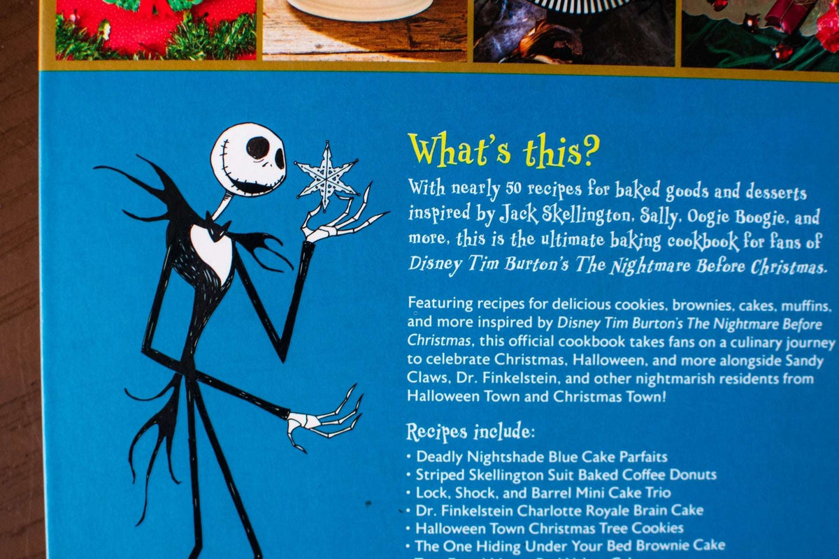 Cookbook back cover with blue background, Jack Skellington art, and recipe information