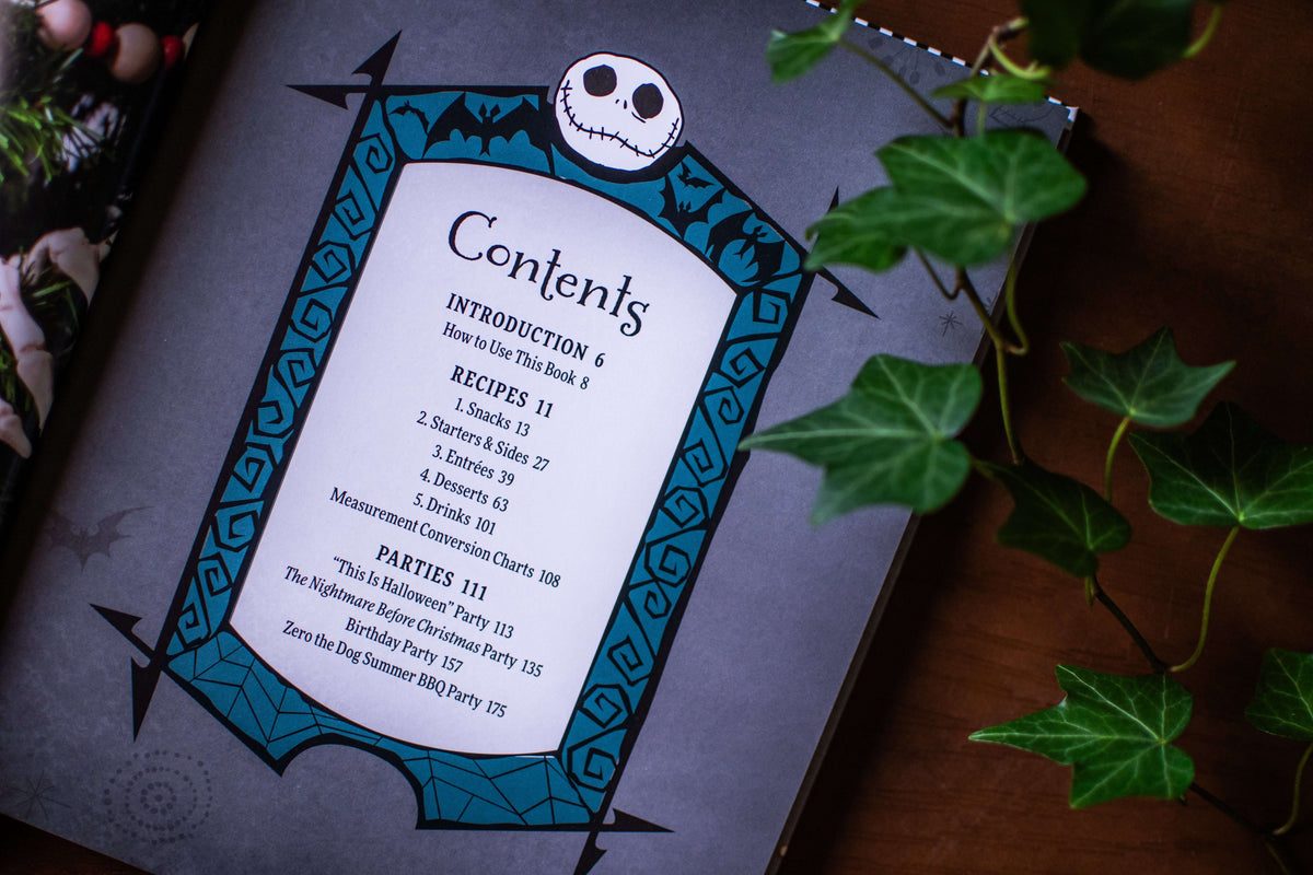 Cookbook contents page in a blue decorative frame with a skull illustration