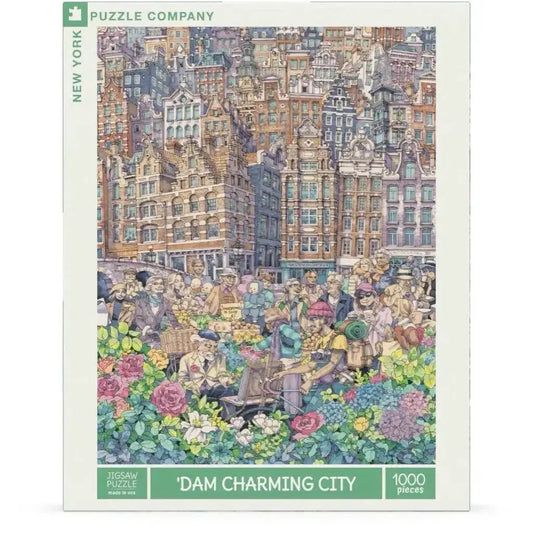 1000-piece city jigsaw puzzle box with colorful Amsterdam scene illustration