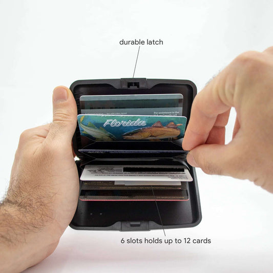 RFID card wallet with durable latch, open design showing multiple card slots