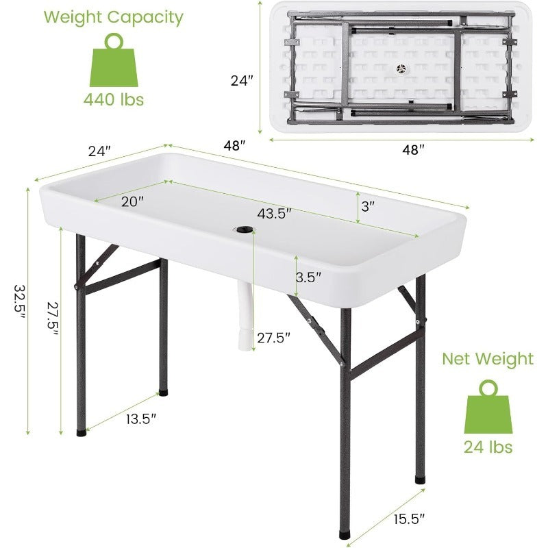 4ft Portable Folding Ice Table with Drain & Removable Skirt