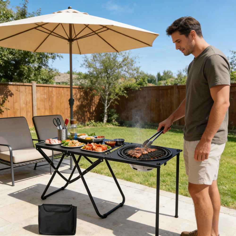 Portable Folding Outdoor Camping Kitchen Table with Grill Tray