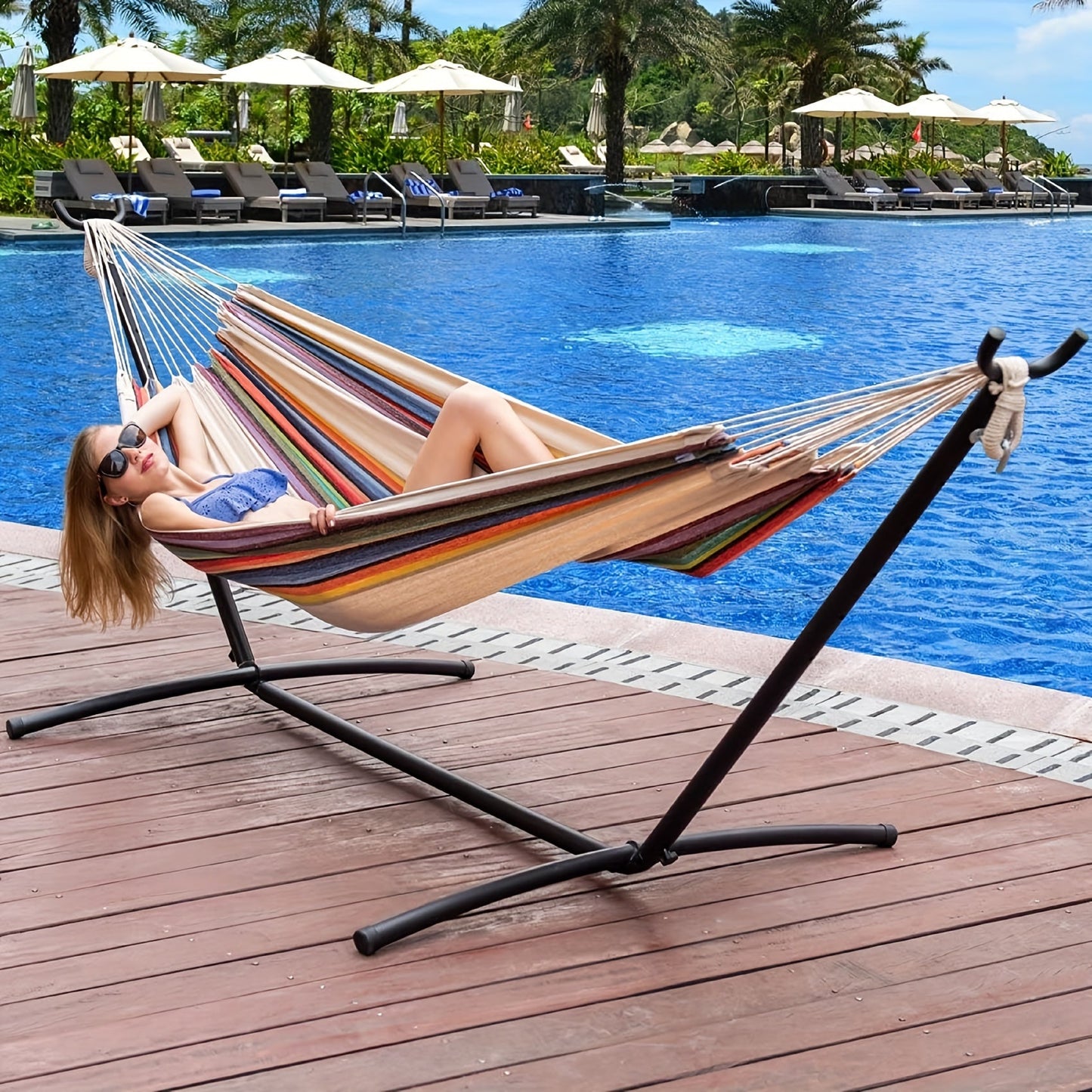Heavy Duty Double Hammock with Steel Stand | 450 lb Capacity | Portable Indoor & Outdoor