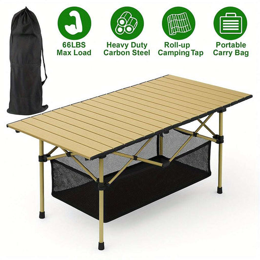 Portable folding camping table with tan slatted top, black frame, and black carry bag