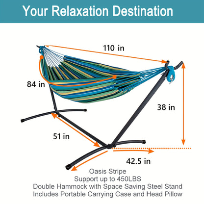 Heavy Duty Double Hammock with Steel Stand | 450 lb Capacity | Portable Indoor & Outdoor