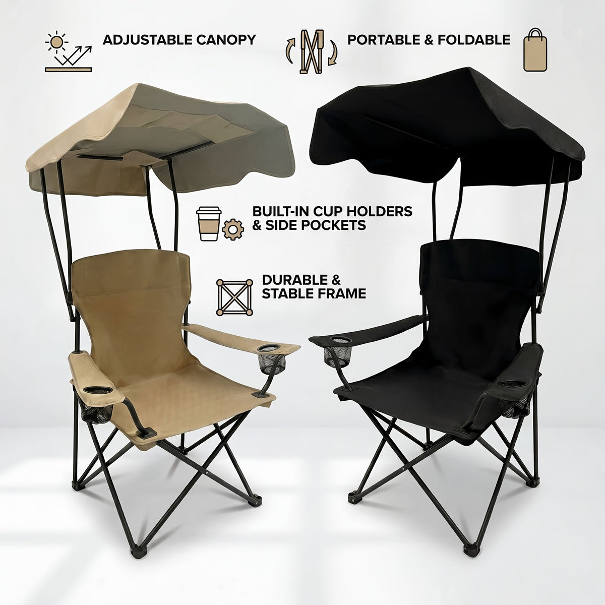 Outdoor Camping Chair with Canopy, Cup Holder & Carry Bag