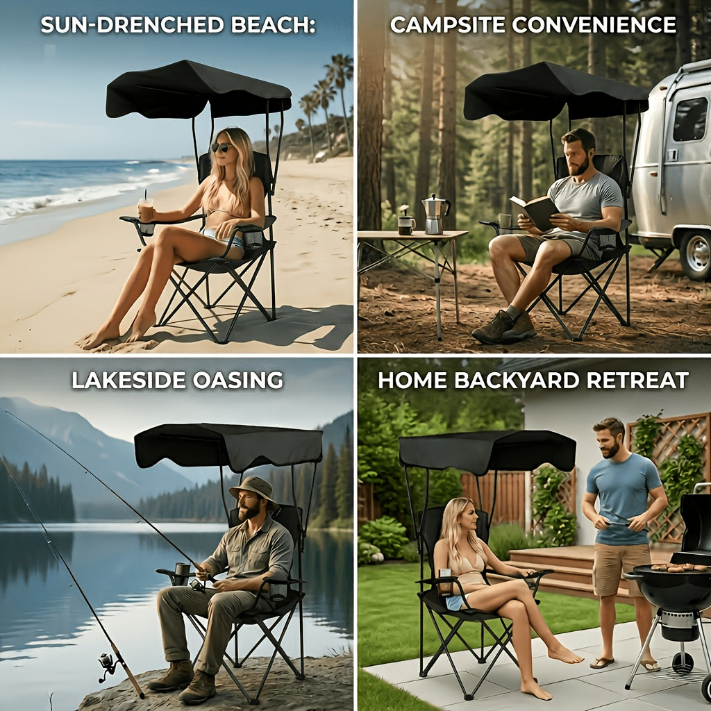 Outdoor Camping Chair with Canopy, Cup Holder & Carry Bag