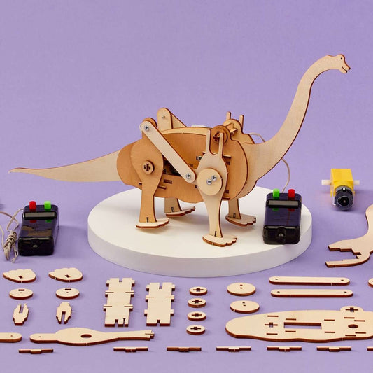 Brachiosaurus robot DIY toy on white base with wooden parts and remote controllers