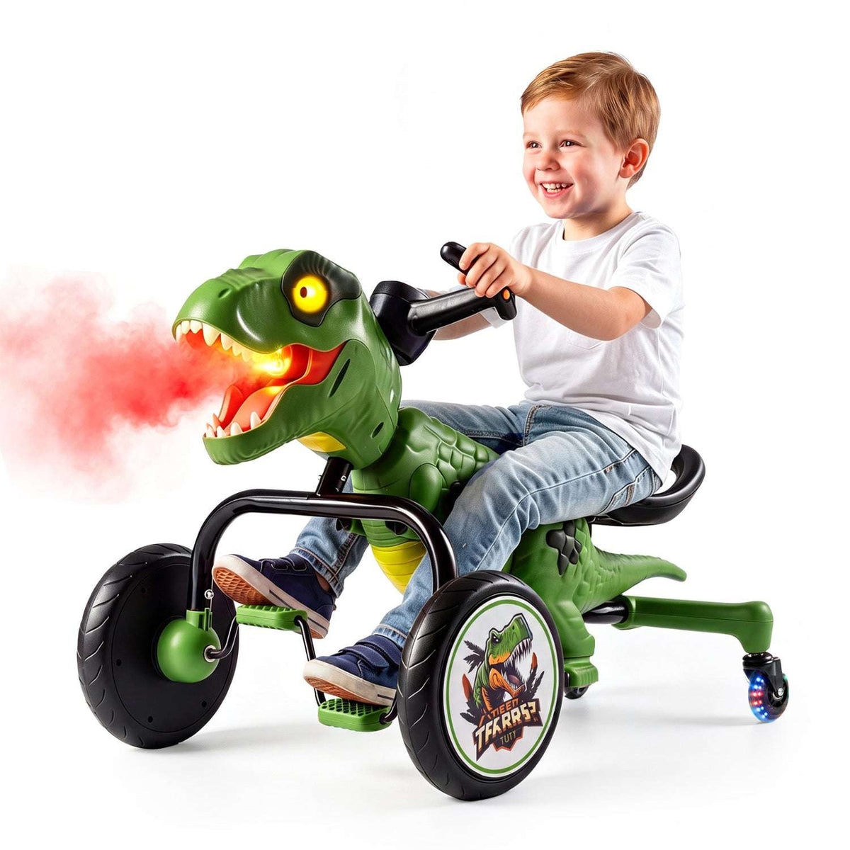 Green dinosaur tricycle with glowing eyes and mist spray while child rides
