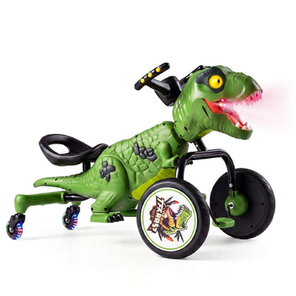 Green dinosaur tricycle toy with roaring head, black wheels, and round logo badge