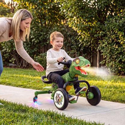 Green dinosaur tricycle with spray mist, lights, and smiling child rider on wheels