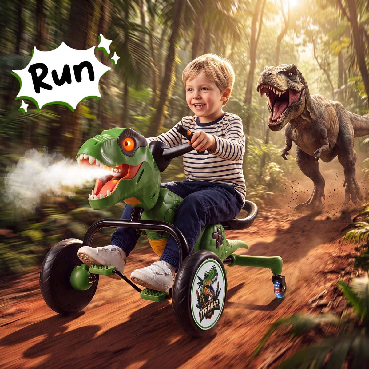 Green dinosaur ride-on tricycle with roaring face design and splash mist