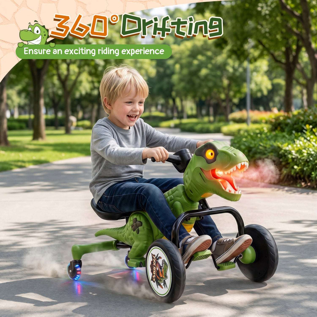 Green dinosaur tricycle with fog mist and smiling child rider on paved path