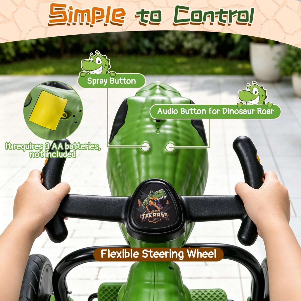 Green dinosaur tricycle handlebar with spray button and audio button controls